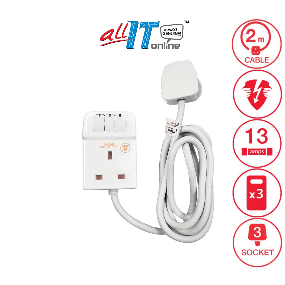 Masterplug Surge Protector 3 Gang 13Amp Switched Extension Lead 2 Meter