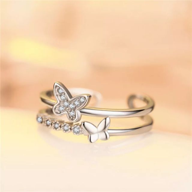Double ring Women Fashion Adjustable Butterfly Girl Silver Rings Cincin ...