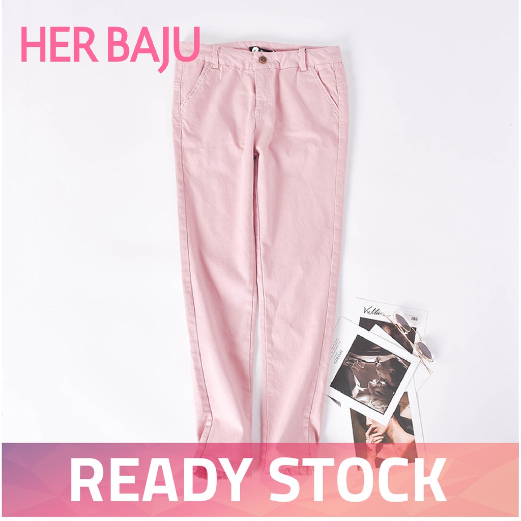 Korean Design Women Trendy Slim Fit Pink Jeans | Shopee Malaysia