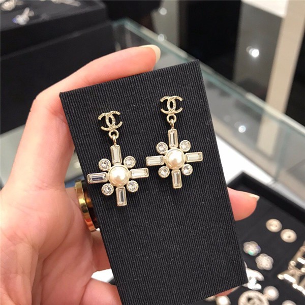 Chanel Light Gold Double C Baroque Cross Crystal Pearl Pendant