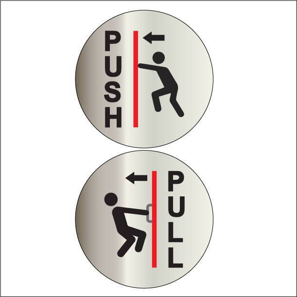 KSS319R PUSH / PULL SILVER BRUSHED SIGN STICKER 100MM DIAMETER. WE ...