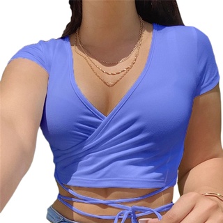 Women Fashion Solid Color Sexy V-neck Crop Tops Slim Fit Summer Short  Sleeve Tank Top T Shirts