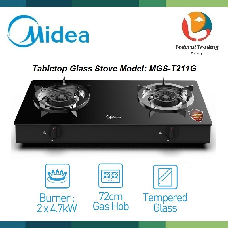 Midea 2 Burners Gas Stove Tempered Glass MGST211G Stainless Steel MGS