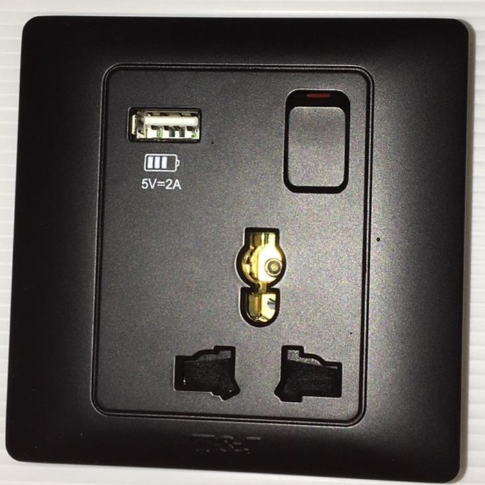 T&J Radiance 13A Universal Switch Socket with 2A USB Charger (Black ...