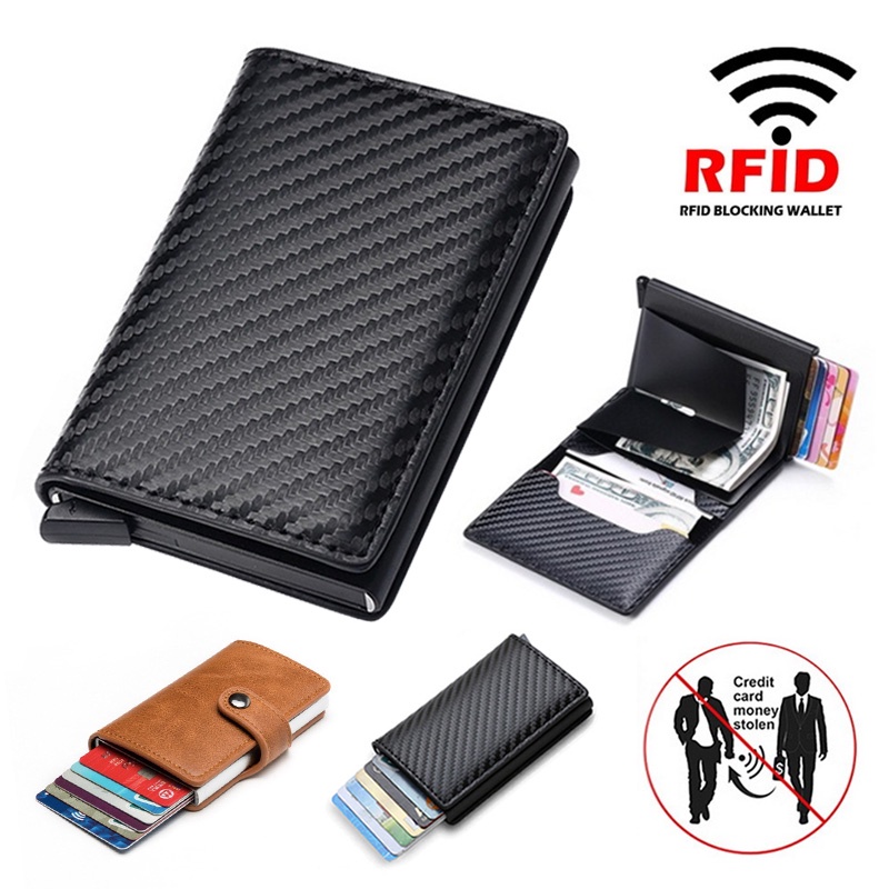Leather Card Holder Wallet Rfid Mini Slim Wallet Bag Carbon Fiber Men's ...