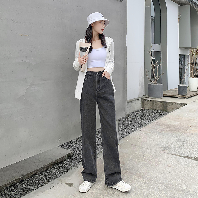 New Korean Retro Fashion Trend High Waist All-match Jeans Trousers Women  Slim Micro-elasticity Straight Loose Wide Leg Denim Mopping Long Pants