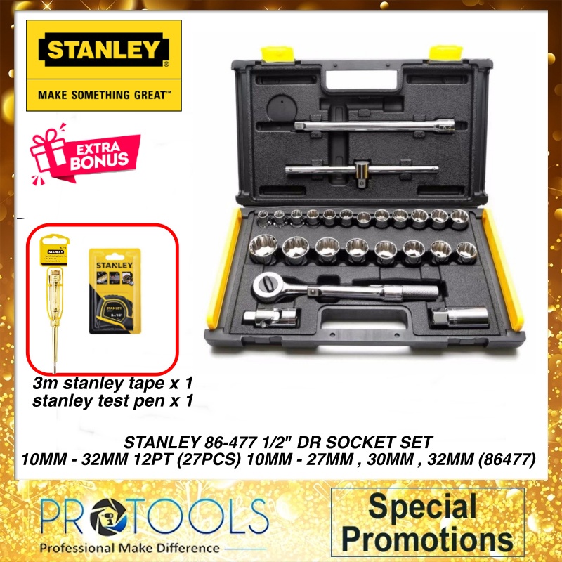 (FREE Shipping)STANLEY 27PCS 1/2" DRIVE SOCKET SET 12 POINT #86477 ...