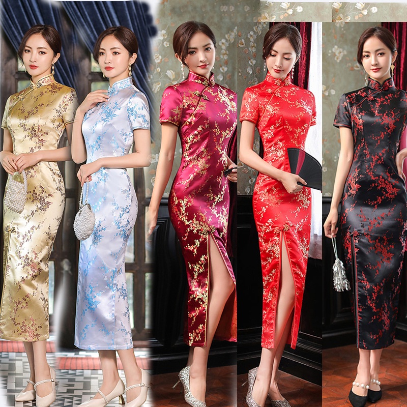 Women Cheongsam Dress Vintage Chinese Traditional Short Sleeve Dresses Floral Slim Long Dress Qipao Shopee Malaysia