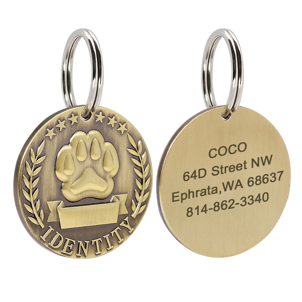 Custom Personalised Dog Tags Round Brass Engraved ID Nameplate With Paw ...