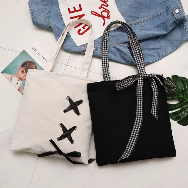 Ready Stock) Black White Ribbon Tote Bag Cute Fashion Travel