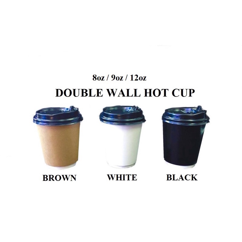 Paper Cup Hot 8oz/9oz/12oz (Double Wall) BLACK / BROWN / WHITE with  Reclosable Lid (50pcs)