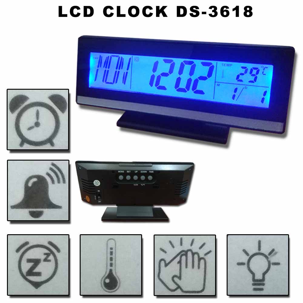 Voice Control Backlight Digital LCD Alarm Clock With Music Date Temperature Calendar Table Stand