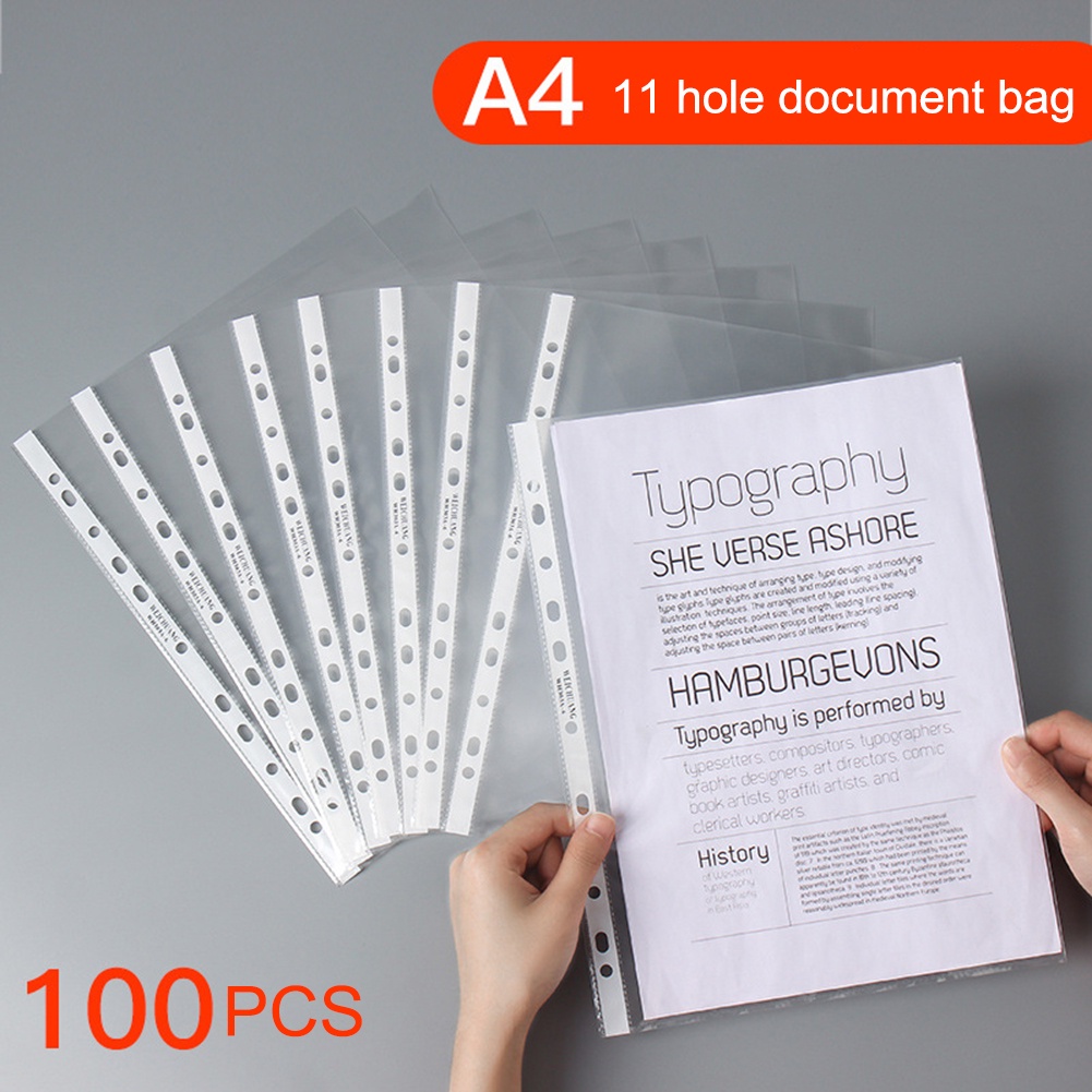 100Pcs A4 Plastic Punched Pockets Folders Filing 11 Holes Loose Leaf ...