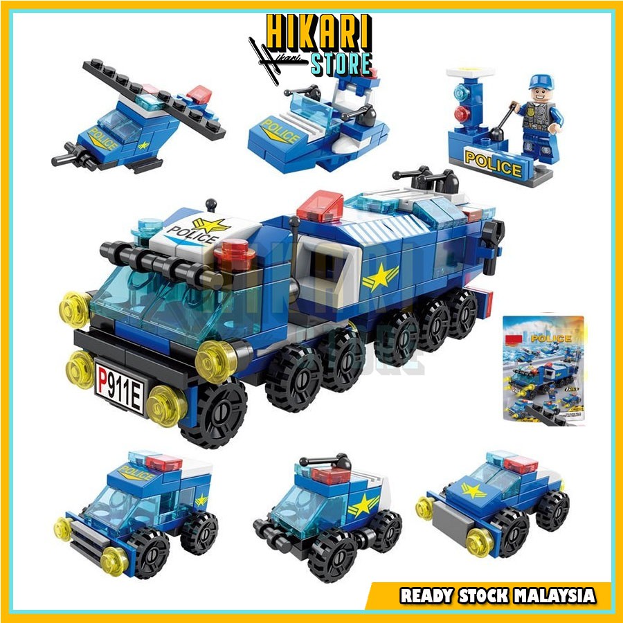 Mini 6 In 1 Building Blocks DIY Police Car Fire Truck Castle Model ...