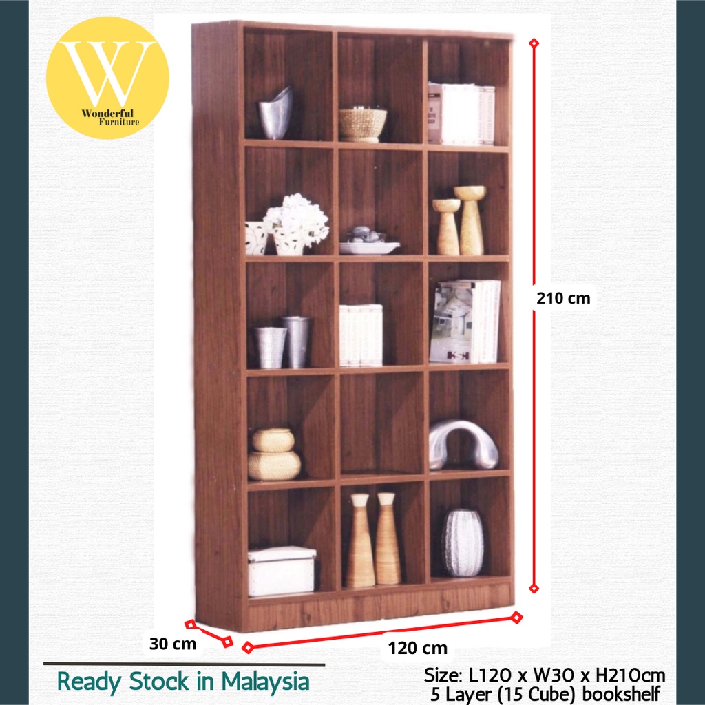 WONDERFUL CHOMP MDF Board Bookcase 5 Tier Rak Buku 15 Cube Storage Bookshelf Bookcase Almari