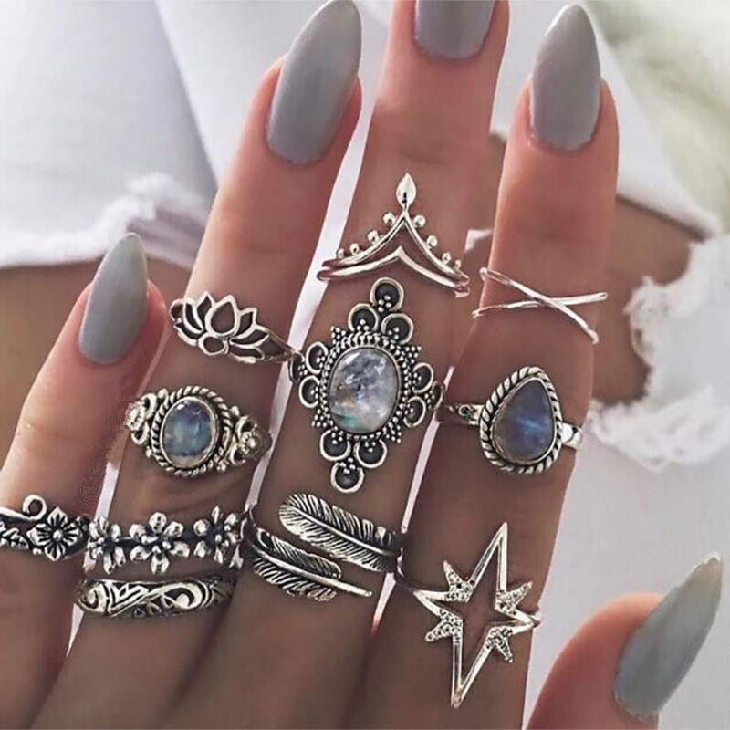11 Pcs/Set Bohemian Charm Starry Sky Rings for Women Carving Flowers ...