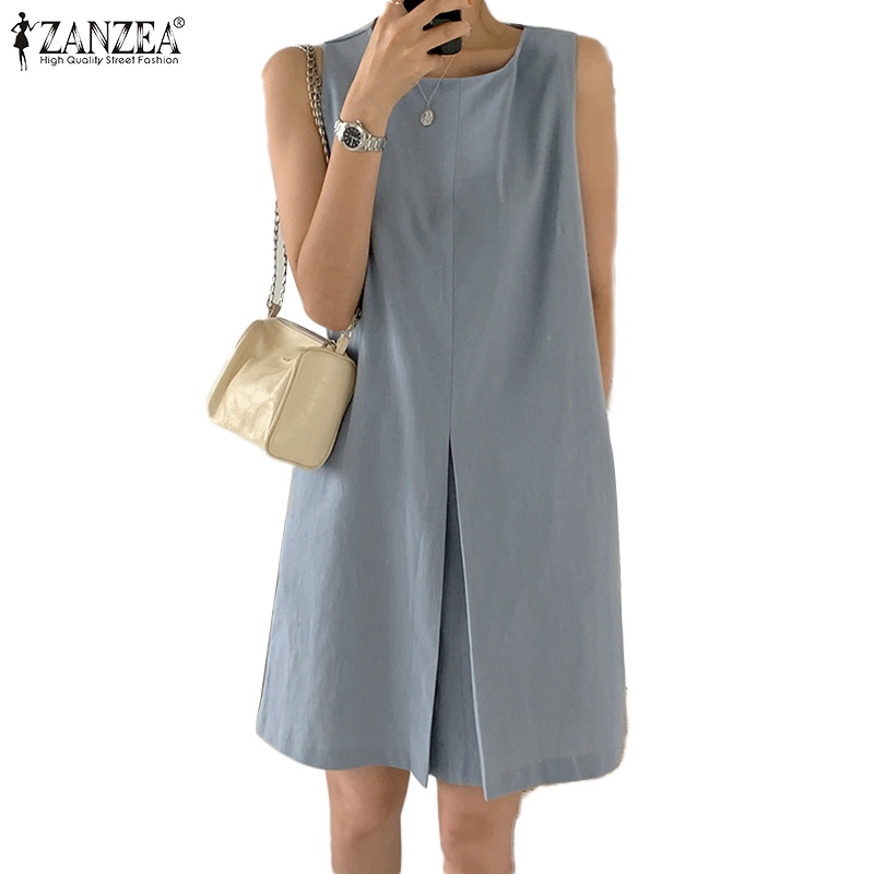 ZANZEA Women Korean Casual Round Neck Sleeveless Front Middle Pleated H  Version Dress With Pockets