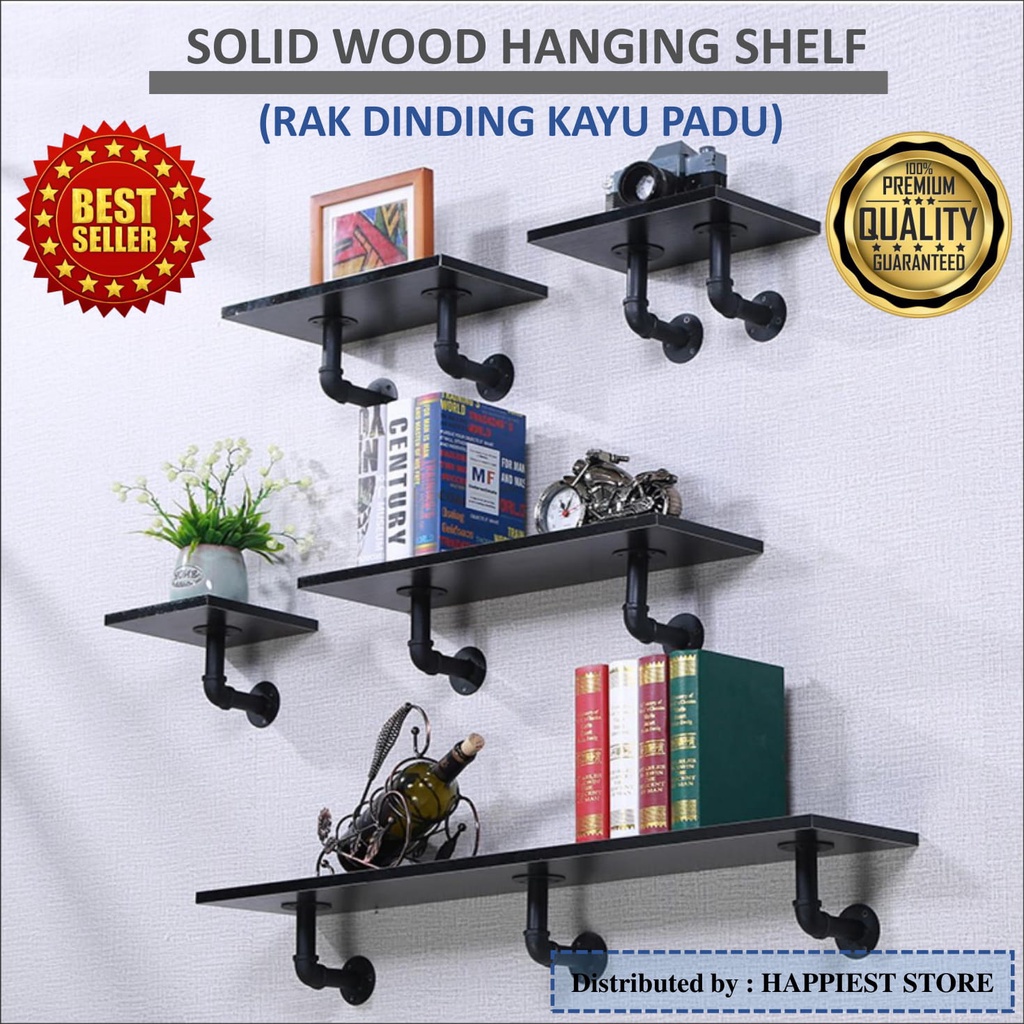 [M.SIA] SOLID WOOD VINTAGE RETRO PIPE WALL MOUNTED HANGING SHELF RACK ...