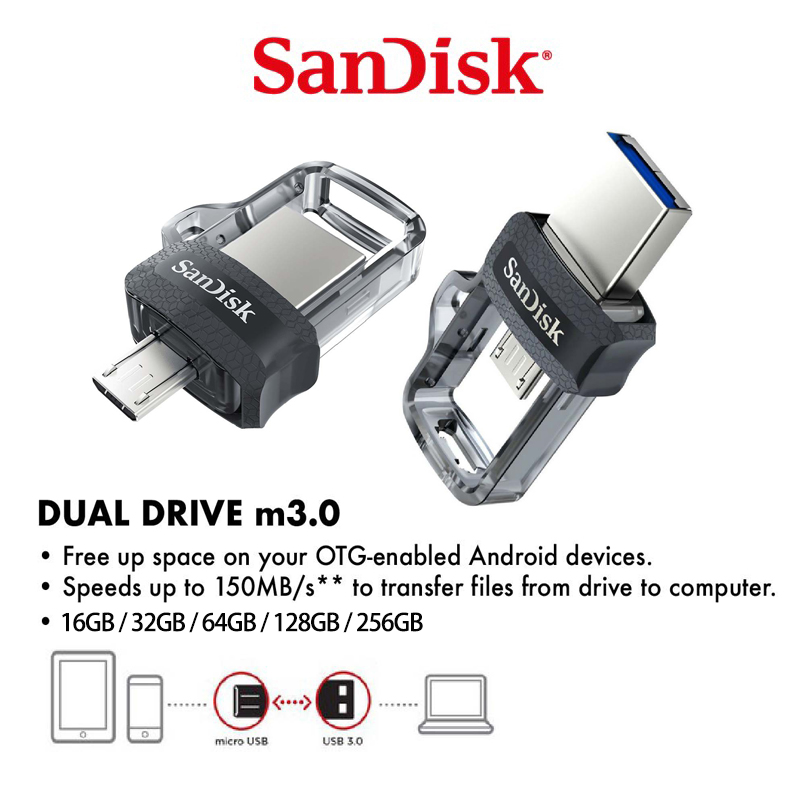 Sandisk Cle USB/Micro-USB 3.0 Ultra Dual Drive m3.0, 256GB, 150MB/s