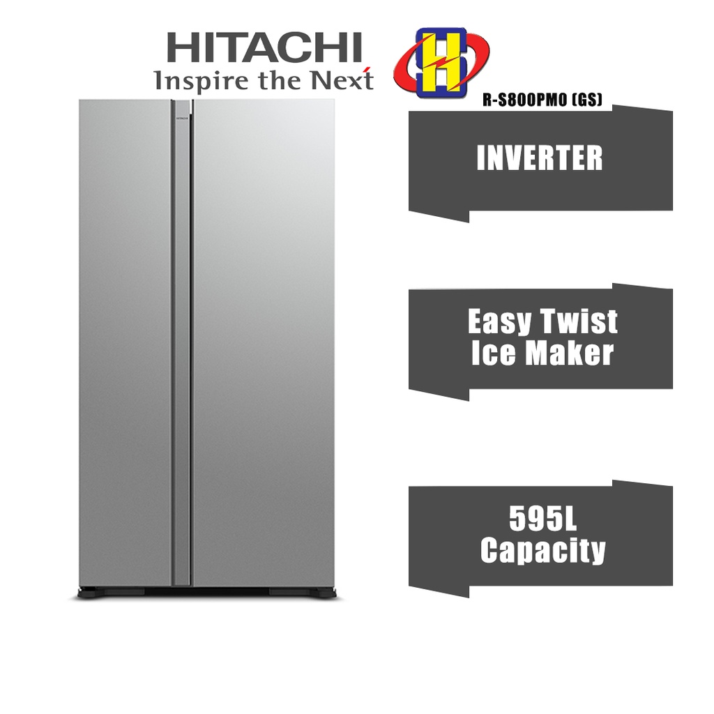 Hitachi Refrigerator (595L/Glass Silver) Inverter Dual Fan Cooling Side By Side Fridge RS800PM0