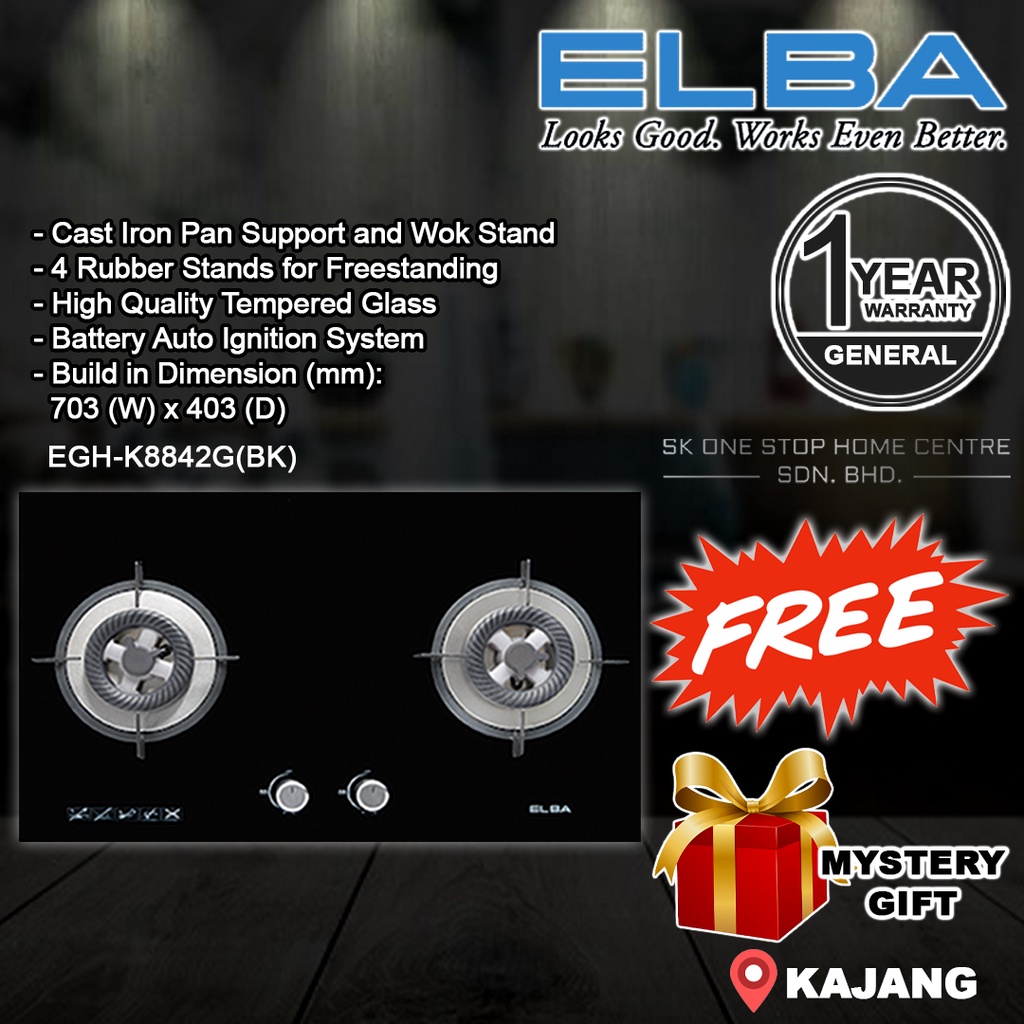 ELBA EGHK8842G(BK) / 1037583 5.0kW 2 Burner Built In Glass Hob / Gas