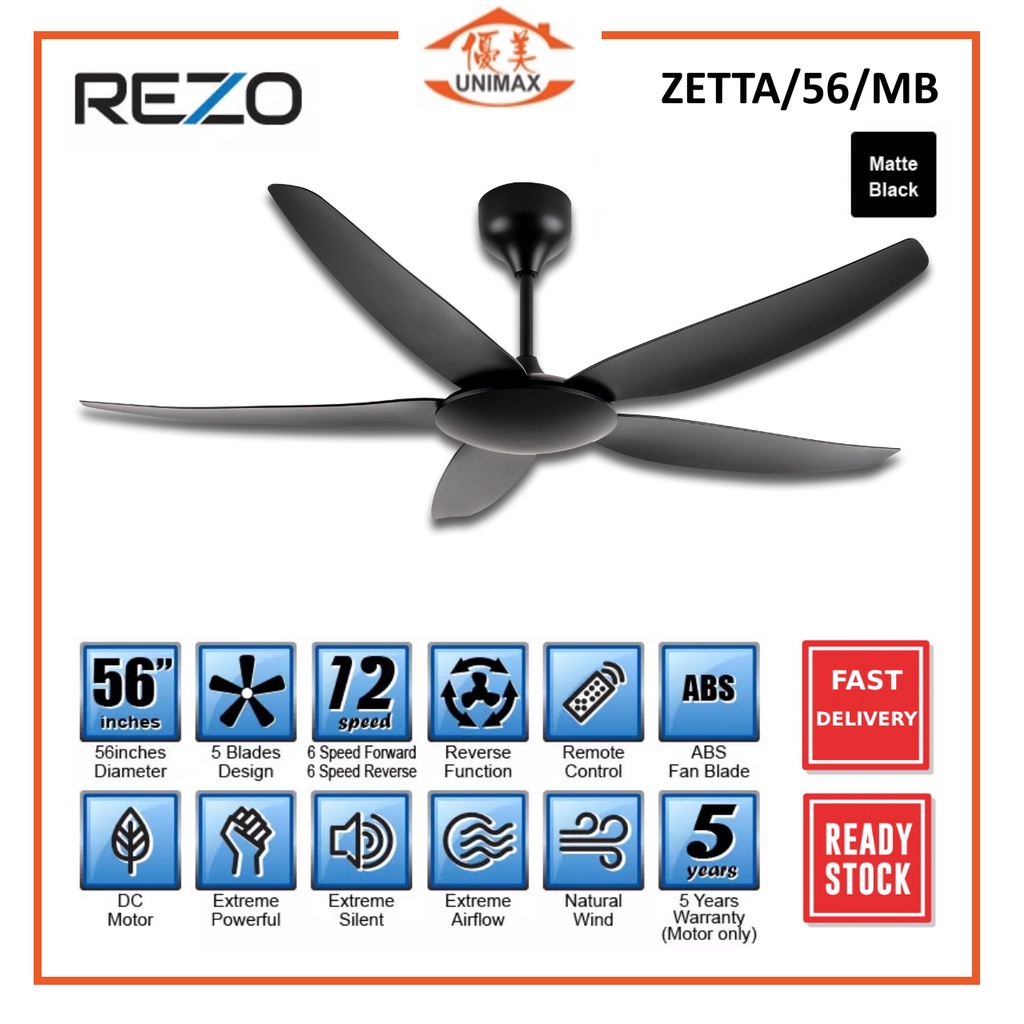 REZO ZETTA 56/5B/MB Ceiling Fan Remote Control DC Motor 12 Speed 5 ABS ...