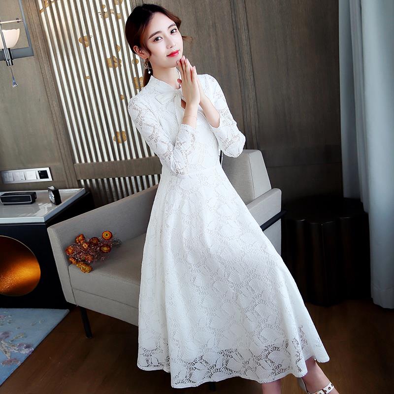 Bow hollow Slim lace long sleeves white dress women New fashion was ...