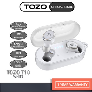 TOZO T10 White Bluetooth 5.0 Wireless Earbuds with Wireless Charging Case  IPX8.