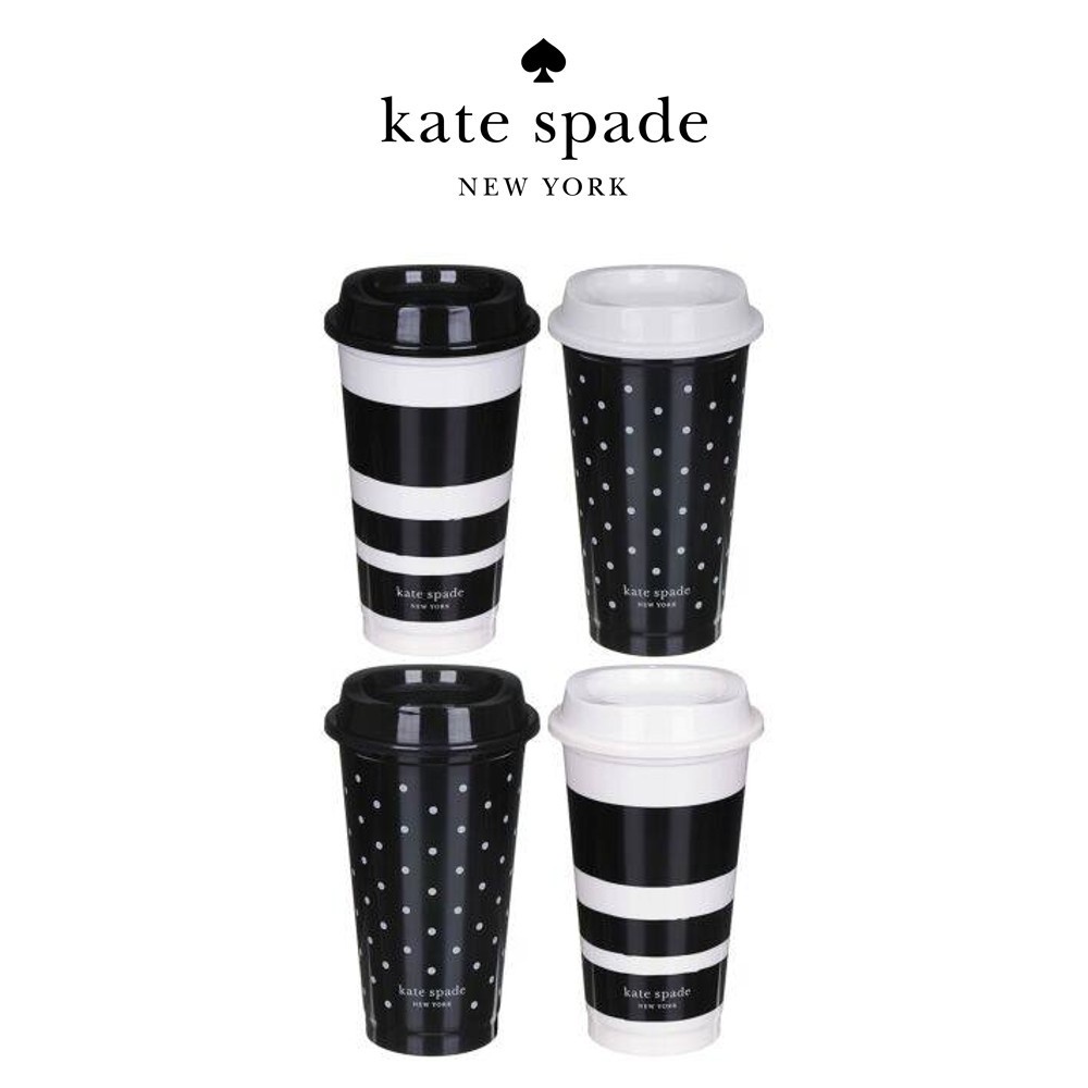 Kate Spade Stationery Black/White Reusable Travel Tumbler With Lids Dots and Stripes (Set Of 4