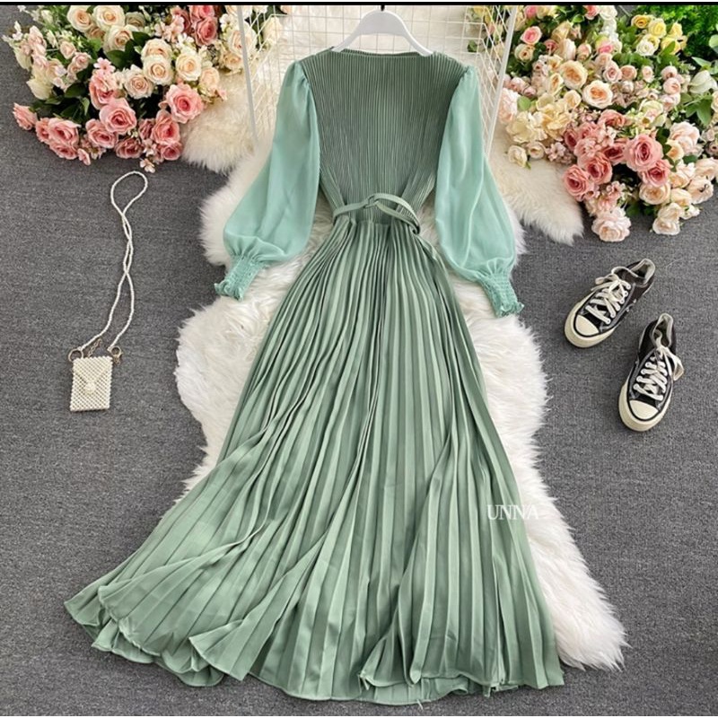 UNNA🔥🇲🇾Readystock Autumn Fashion Long Dress Solid Color Pleated Maxi ...