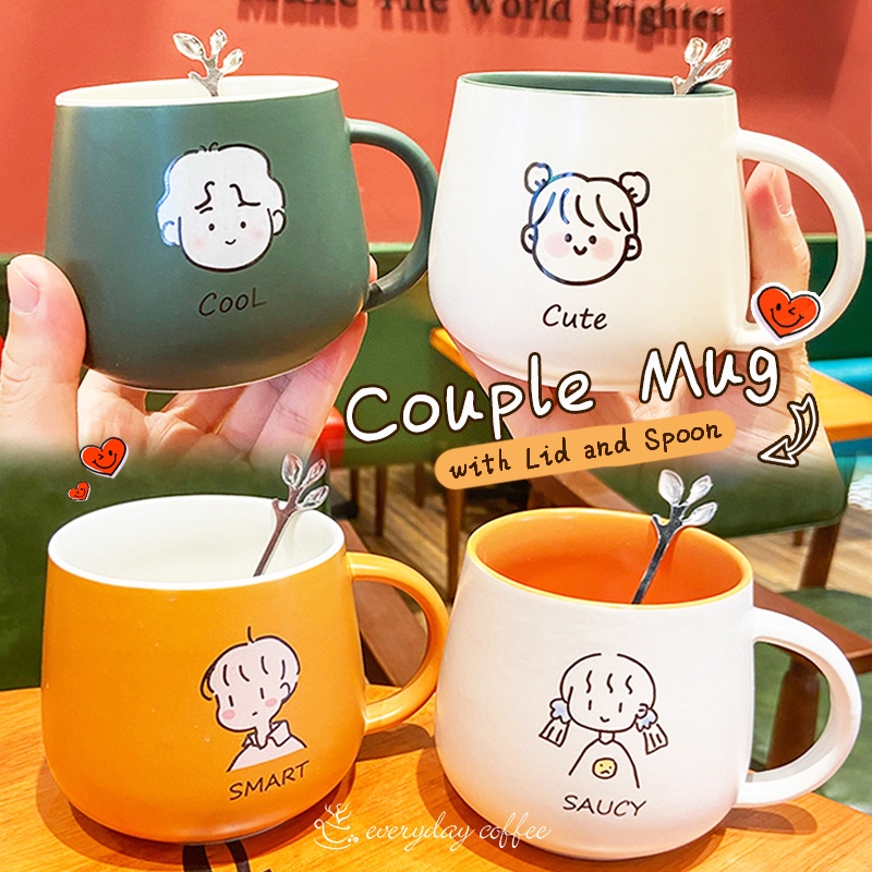 👩‍🦰Cute Ceramic Mugs With Cover and Spoon Cute Coffee Mug Set