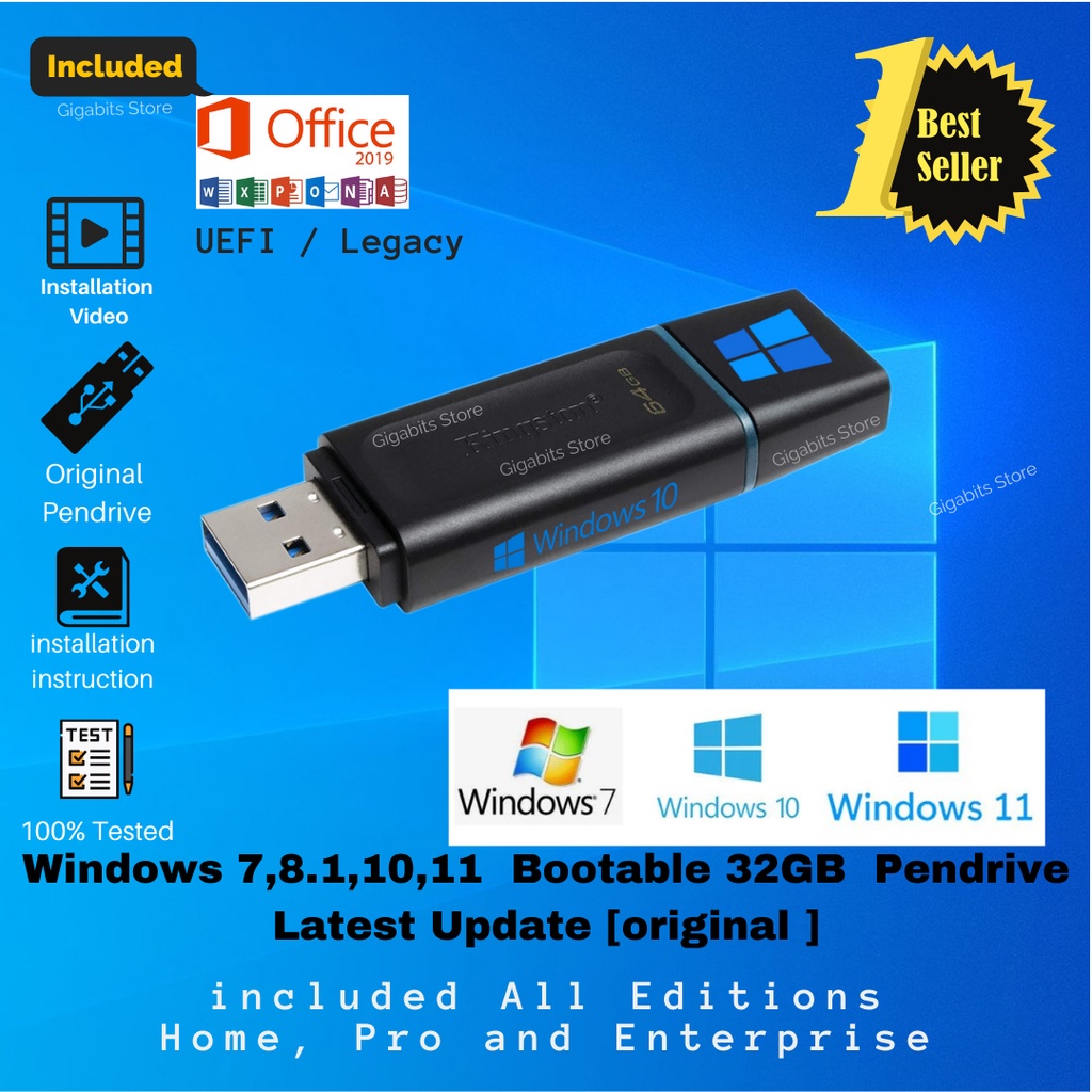 32GB USB Pendrive thumbdrive Bootable Flash Windows 𝟏𝟎 𝟖.𝟏 𝟖 𝟕