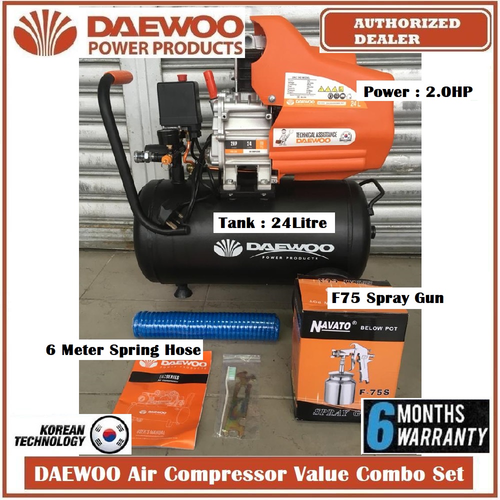 Daewoo DAC24D Air Compressor 2hp 24Litre 8Bar with 6meter Spring hose ...