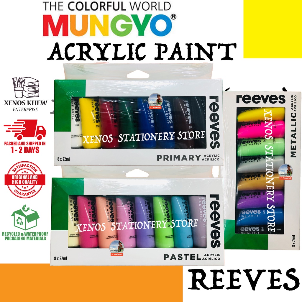 REEVES ACRYLIC PAINT PRIMARY PASTEL FLUORESCENT METALLIC 8 COLOR SET ...