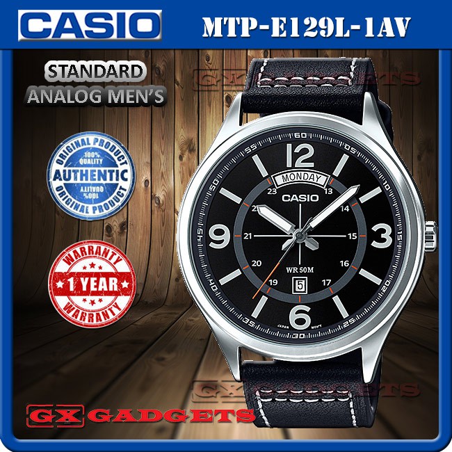 CASIO MTP E129L MTP E129D STANDARD ANALOG GENTS WATCH WIDE DAY DATE 50M MTP E129