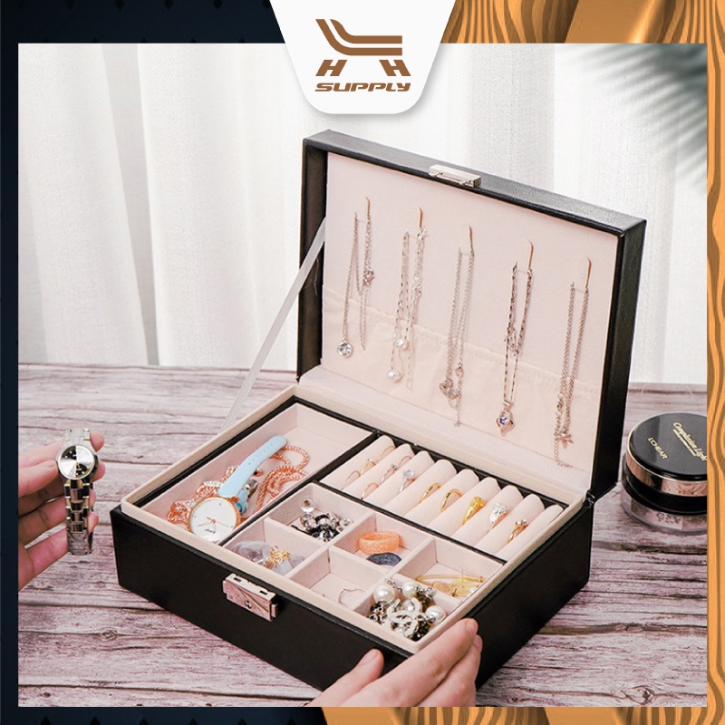 LH Double Layer Accessory Organizer Box Leather Watch Jewelry Box With