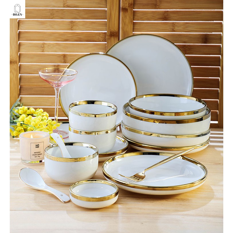 BO.EN **White Nordic Luxury Set Ceramic Tableware/ Dinnerware Set Gold