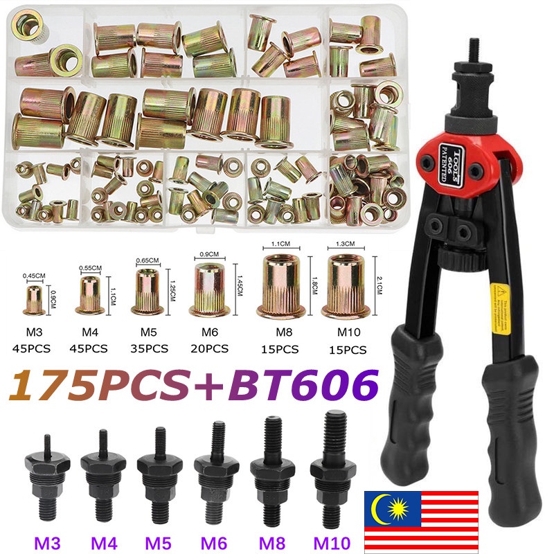 175pcs Rivet Nut+Hand Threaded Rivet Nuts Gun BT605 M3M10 Double