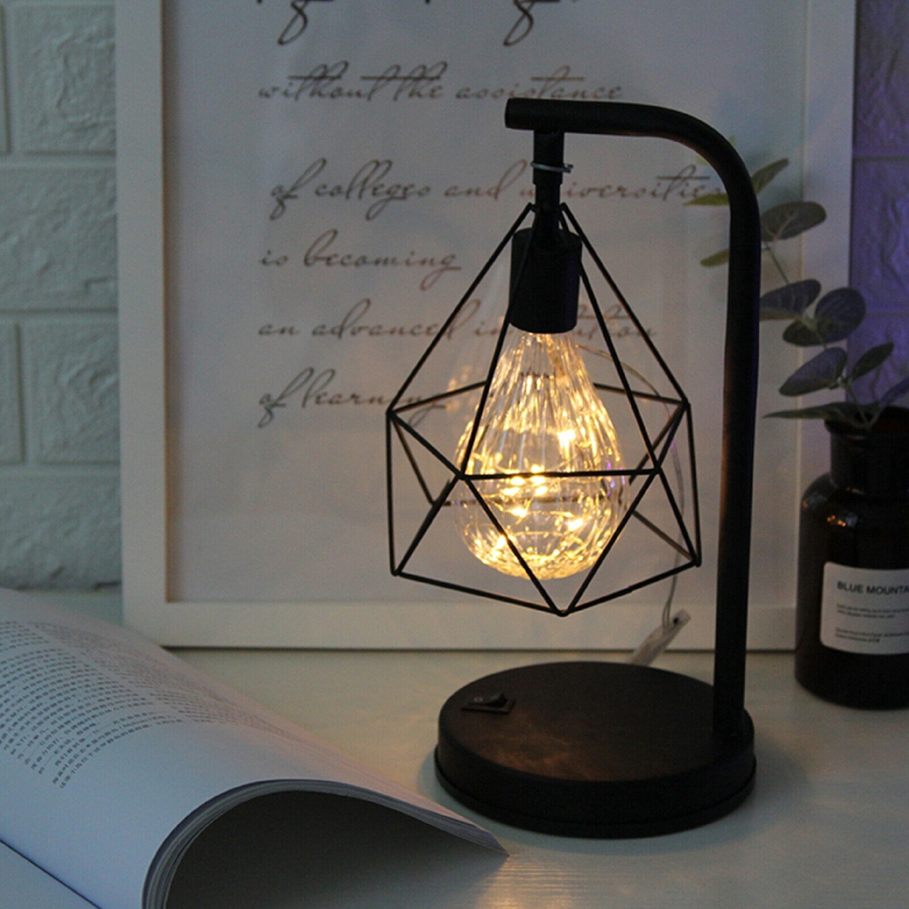 Retro Black Geometric Wire Industrial LED Light Bulb Bed Side Battery