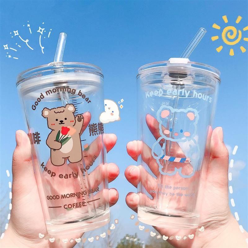 Glass Mug Ins Korean Style Cute Glass Cup With Lid Straw 🇲🇾 Ready Stock