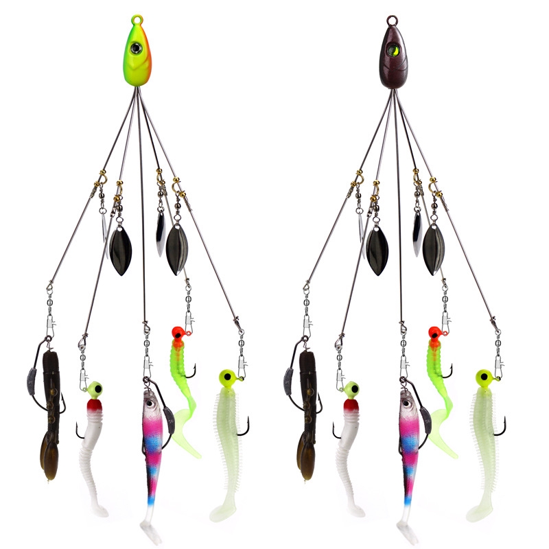 Fishing Vault Fully Rigged 5 Arms 4 Bladed Alabama Umbrella Rig Bass Lure  W/ Swim Baits and Jig Heads Included