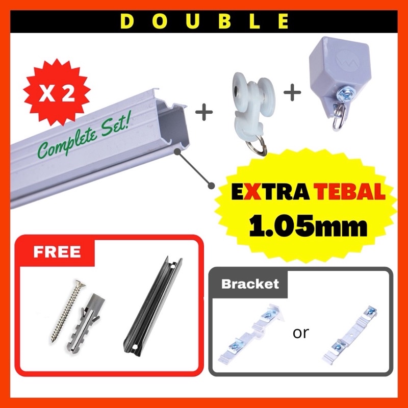DOUBLE Layer Curtain Track Railing Aluminium Extra Thick for Sliding Door & Window/ Rel Langsir