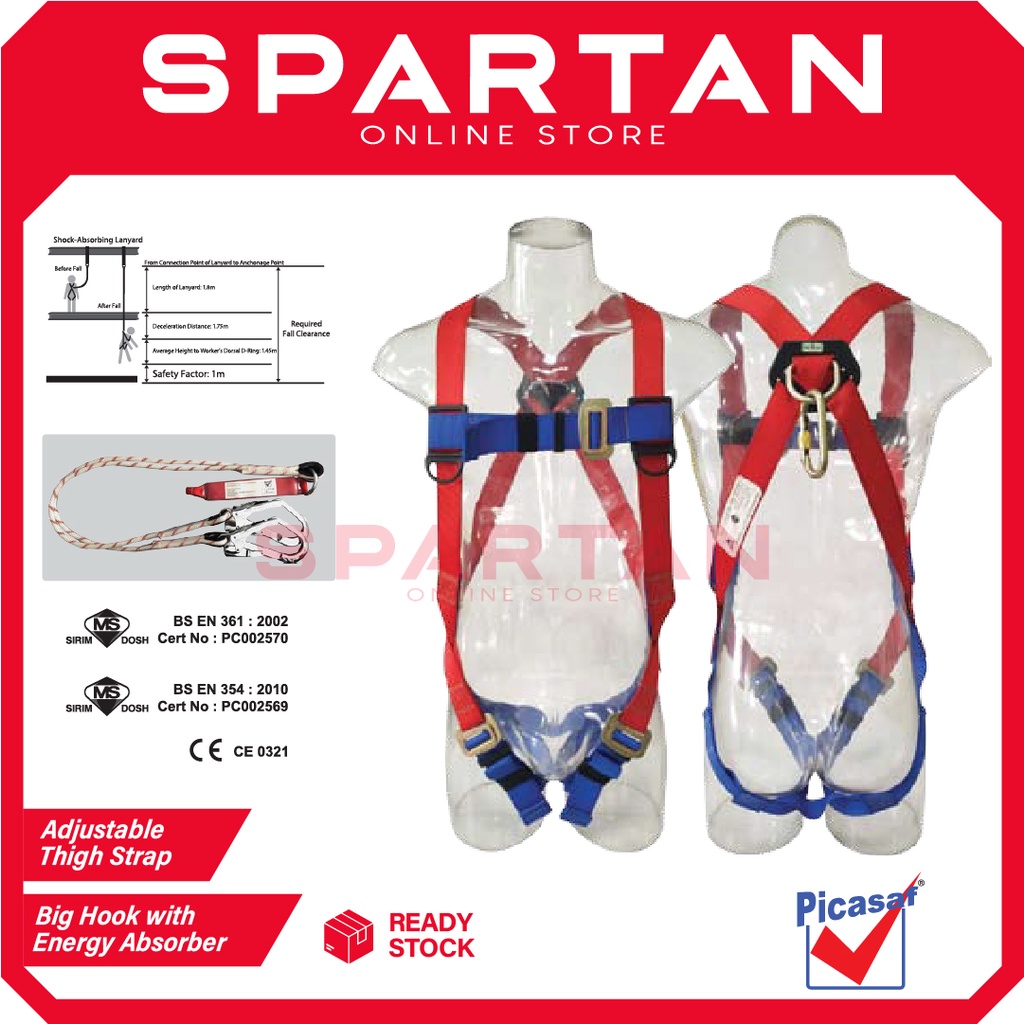 PICASAF FULLBODY SAFETY HARNESS SINGLE / DOUBLE HOOK WITH LANYARD