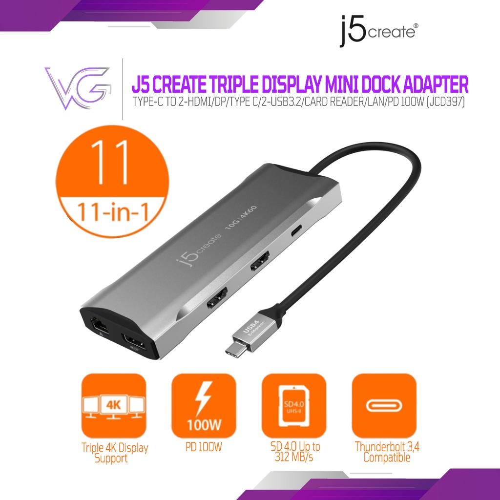 J5create Jcd397 11 In 1 Elite Usb C Triple Monitor 4k60 10gbps Mini Dock Dok Mini Usb C Support