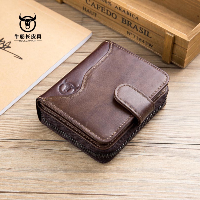 Luufan Men Genuine Leather Short Wallet With Chain Zipper Clutch Wallets  Male Short Trifold Purse Card Holder Change Coin Purse