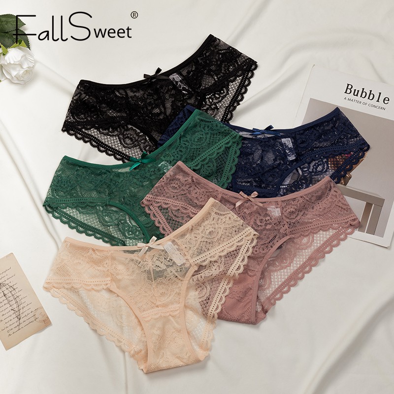 FallSweet Lace Panties Women Mid Waist Sexy Lingerie Transparente Briefs  Ultra Thin Soft Underwear M to XXL
