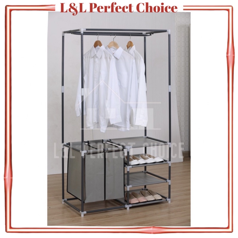 4 Tiers Garment Rack/ Cloting Shelves and Shoe Organizer with 2 Laundry ...