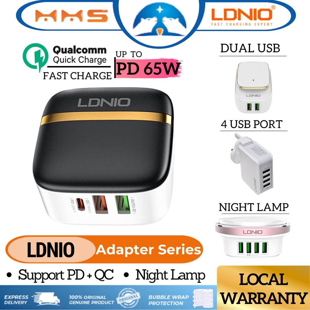 LDNIO Adapter QC3.0 + PD 65W USB Fast Charge Dual / 4 USB Port With ...