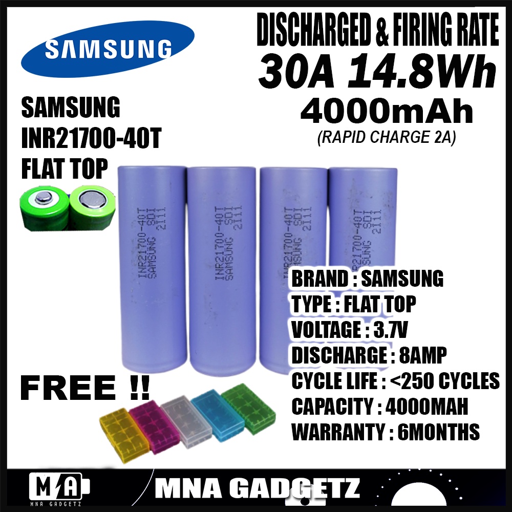 SAMSUNG 40T INR21700 4000MAH 3.7V 30A Flat Top Lithium Ion Rechargeable ...