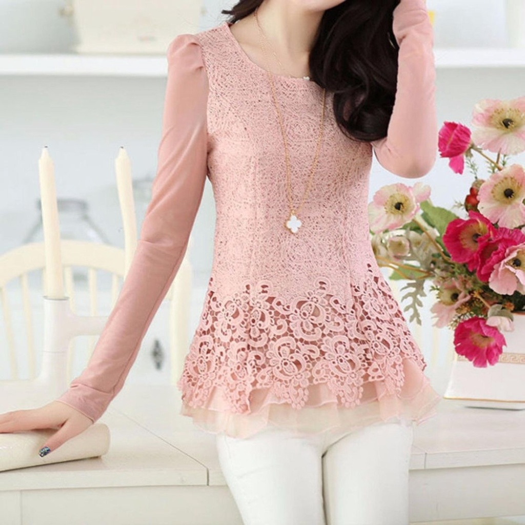 Women's Floral Chiffon Tops Long Sleeve Lace Crochet Shirt Casual